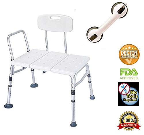 HEALTHLINE Tub Transfer Bench with Back and Free Balance Assist Suction Grab Bar, Plastic Shower Transfer Bench Lightweight Medical Bath Shower Chair for Elderly, Disabled, Adjustable Height, White