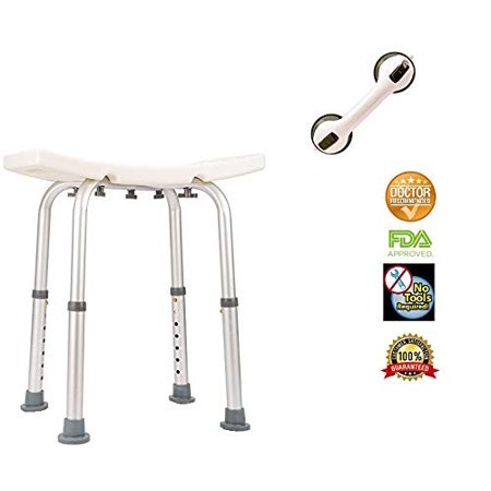HEALTHLINE Compact Shower Stool Bath Bench without Back, Free Grab Bar Balance Assist Suction Cup 12″, Adjustable Small Shower Stool Medical Shower Chairs For Elderly, Disabled, Non-slip Seat, White