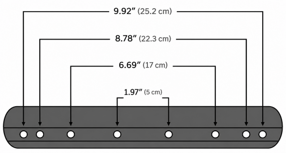 14-inch full-length arm pad mounting-hole spacing in inches and centimeters