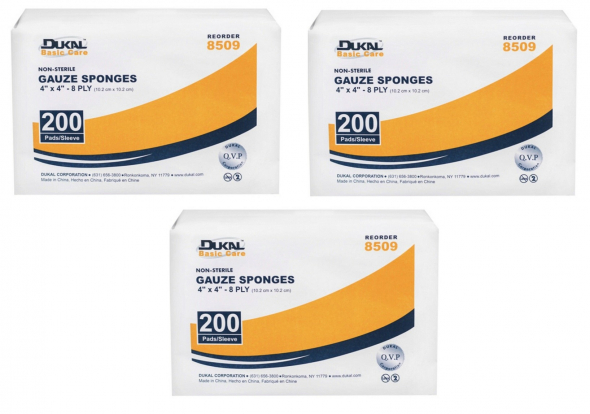 Dukal Basic Care Gauze Sponge, 4″x4″, 8 Ply, Non-Sterile, Pack of 3 (Sold by 200 per Pack, Total 600)