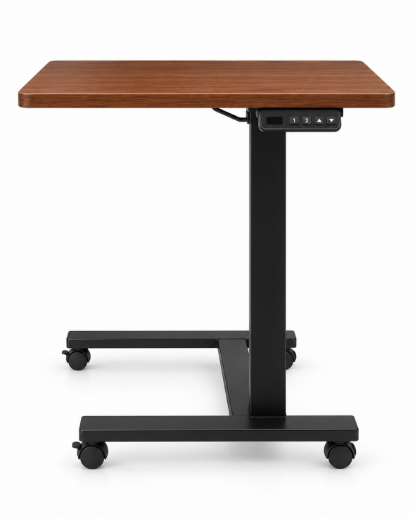 Electric Height Adjustable Overbed Table with Wheels, Walnut Top, Black Frame