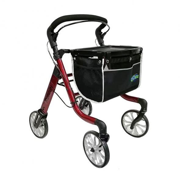 Healthline Runner Rollator Walker, Designed for One-Hand Use, with Bag and Tray, Red